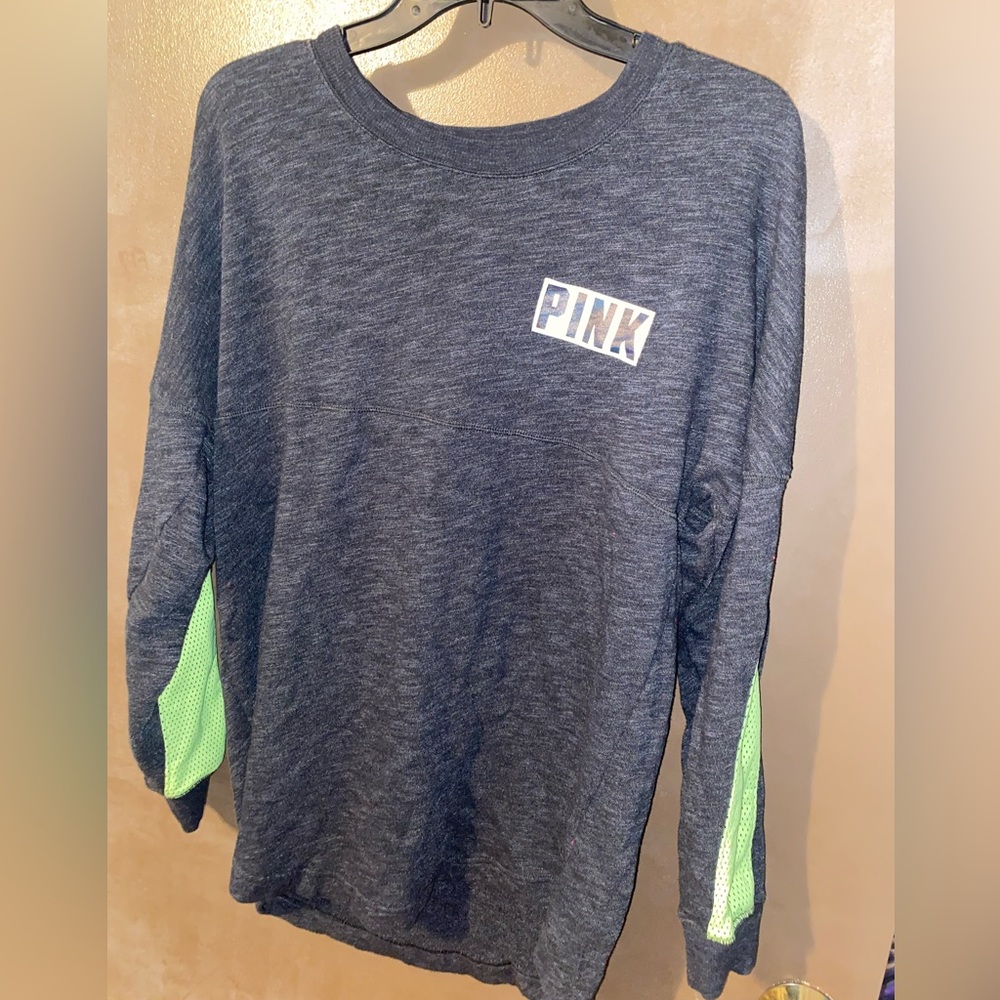 Victorias Secret Pink - Gray and Lime Green Sweatshirt - Medium